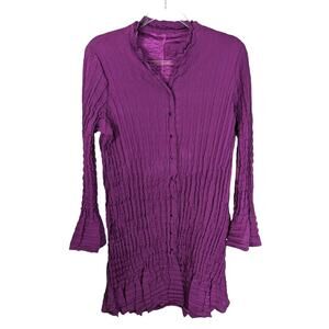Babette Fuchsia Snap Front Crinkle Pleated Long Tunic Shirt or Mini Dress Small